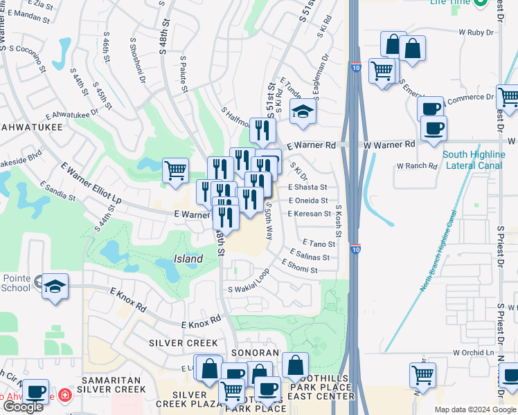 map of restaurants, bars, coffee shops, grocery stores, and more near 4855 Warner Road in Phoenix
