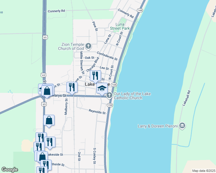 map of restaurants, bars, coffee shops, grocery stores, and more near 208 Main Street in Lake Village
