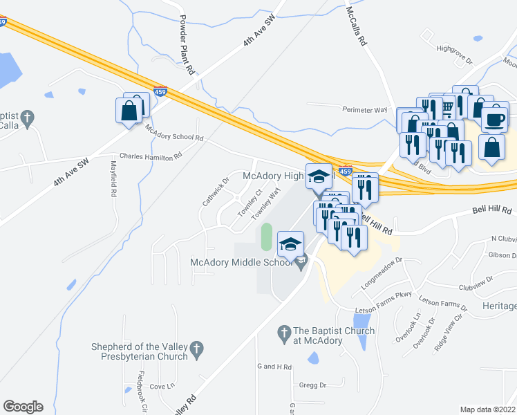 map of restaurants, bars, coffee shops, grocery stores, and more near 6179 Townley Way in McCalla