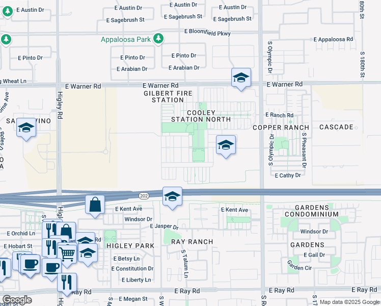 map of restaurants, bars, coffee shops, grocery stores, and more near 3749 East Elona Drive in Gilbert