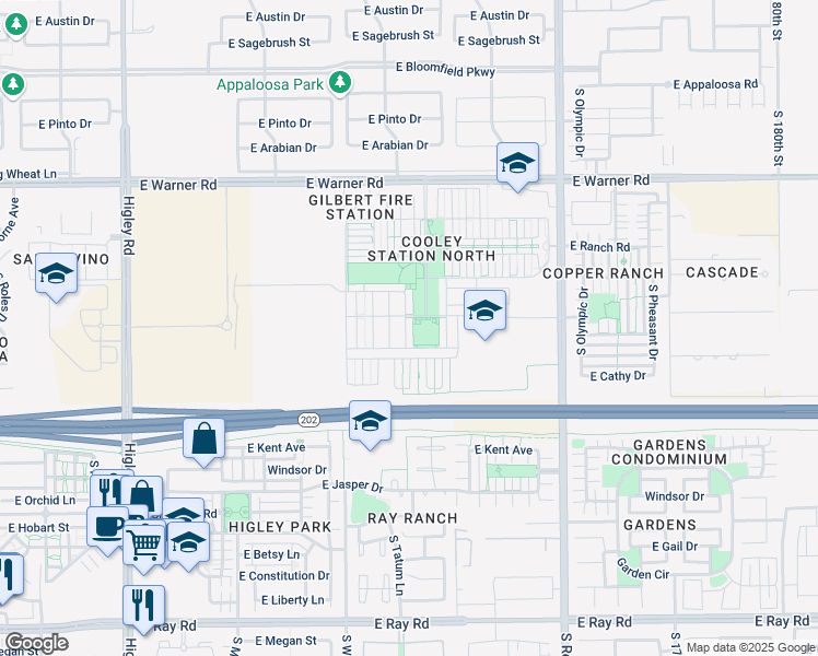map of restaurants, bars, coffee shops, grocery stores, and more near 3749 East Elona Drive in Gilbert