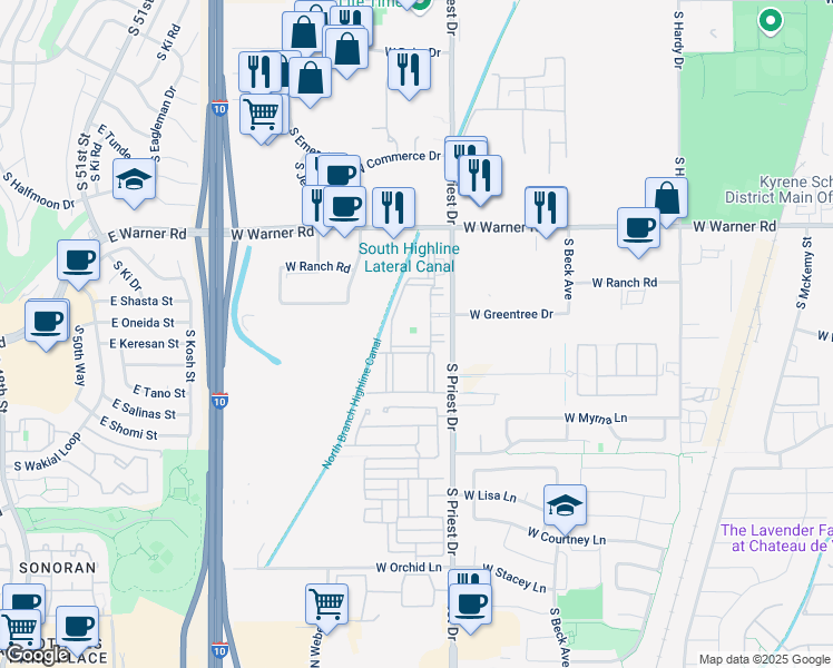 map of restaurants, bars, coffee shops, grocery stores, and more near 9010 South Priest Drive in Tempe
