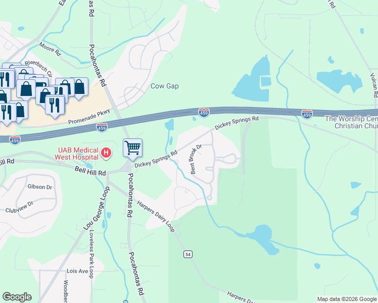 map of restaurants, bars, coffee shops, grocery stores, and more near 6244 Bent Brook Drive in Bessemer