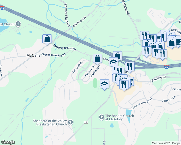 map of restaurants, bars, coffee shops, grocery stores, and more near 6095 Townley Court in McCalla