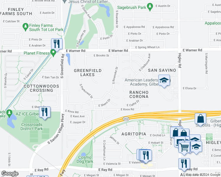 map of restaurants, bars, coffee shops, grocery stores, and more near 1064 South Roanoke Street in Gilbert