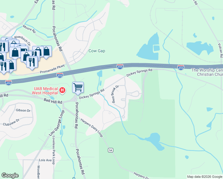 map of restaurants, bars, coffee shops, grocery stores, and more near 6244 Bent Brook Drive in Bessemer
