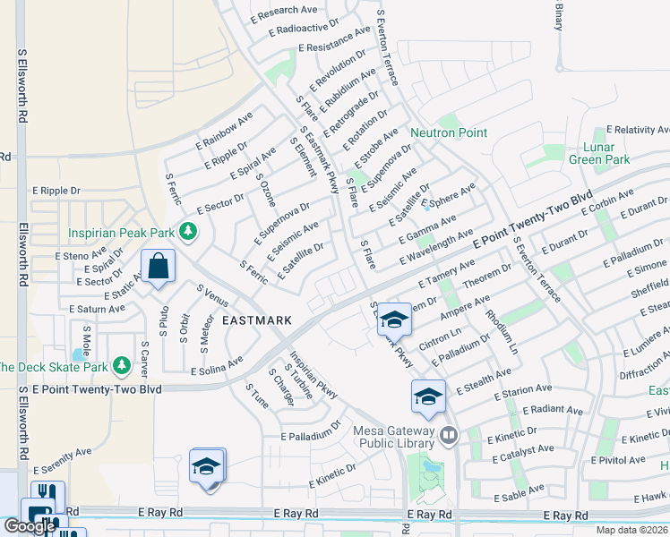 map of restaurants, bars, coffee shops, grocery stores, and more near 4606 South Flare in Mesa