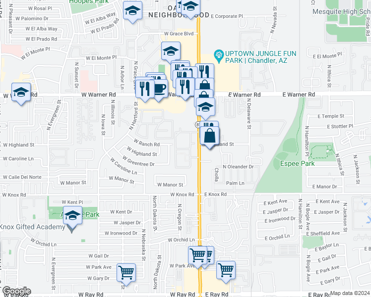 map of restaurants, bars, coffee shops, grocery stores, and more near 1600 North Arizona Avenue in Chandler