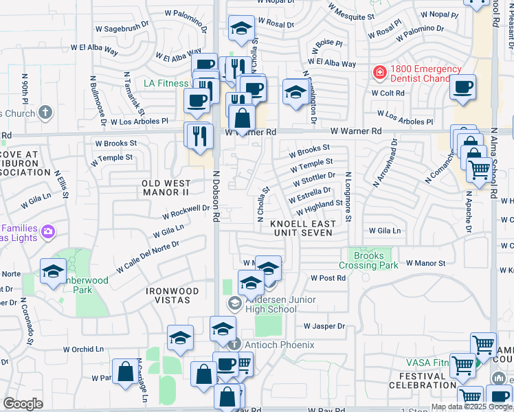 map of restaurants, bars, coffee shops, grocery stores, and more near 1732 North Cholla Street in Chandler