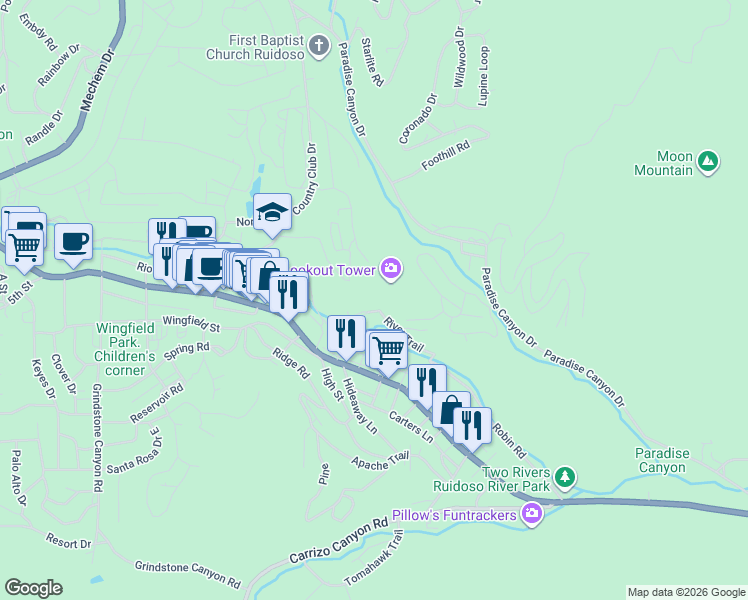 map of restaurants, bars, coffee shops, grocery stores, and more near 355-361 River Trail in Ruidoso