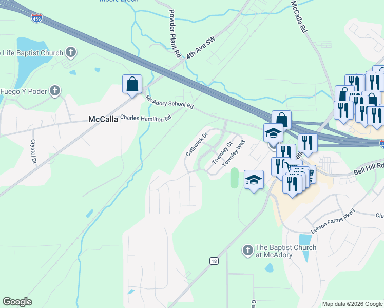 map of restaurants, bars, coffee shops, grocery stores, and more near 6140 Cathwick Drive in McCalla