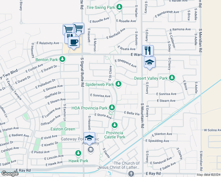 map of restaurants, bars, coffee shops, grocery stores, and more near 4617 South Romano in Mesa