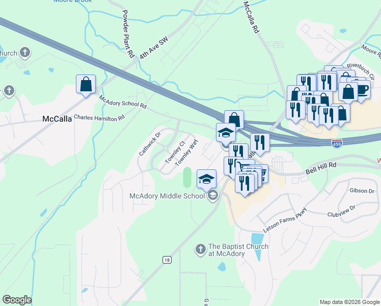 map of restaurants, bars, coffee shops, grocery stores, and more near 6147 Townley Way in McCalla