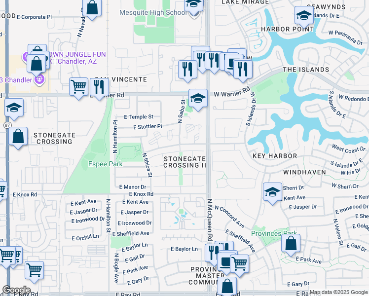 map of restaurants, bars, coffee shops, grocery stores, and more near 926 East Rockwell Drive in Chandler