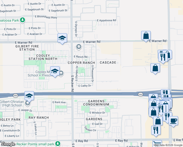 map of restaurants, bars, coffee shops, grocery stores, and more near 1045 South Pheasant Drive in Gilbert