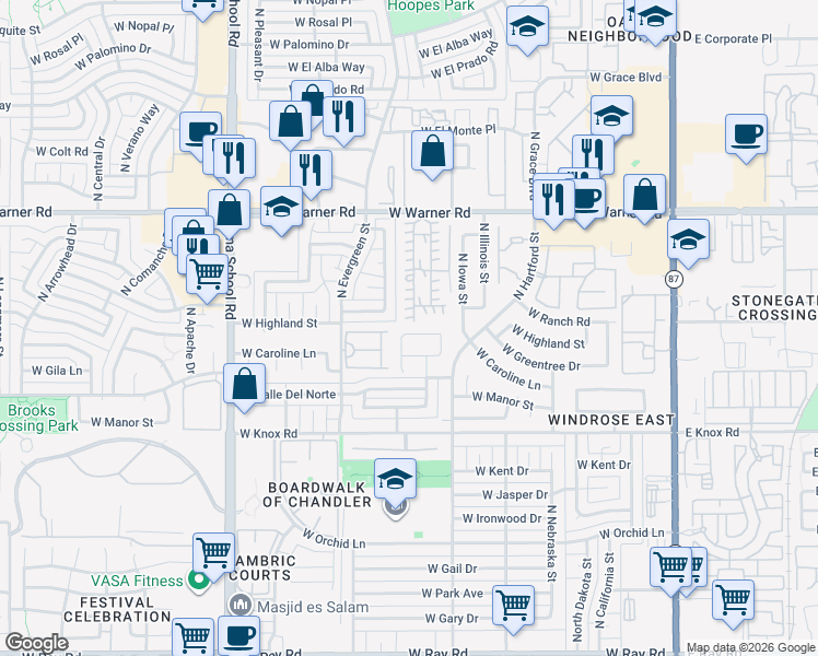 map of restaurants, bars, coffee shops, grocery stores, and more near 555 West Warner Road in Chandler