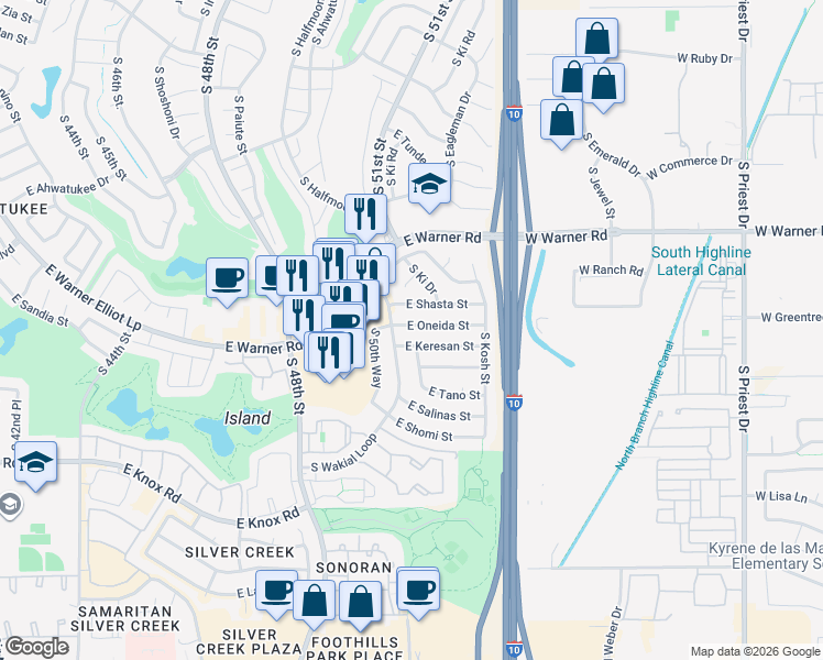 map of restaurants, bars, coffee shops, grocery stores, and more near 5008 East Oneida Street in Phoenix