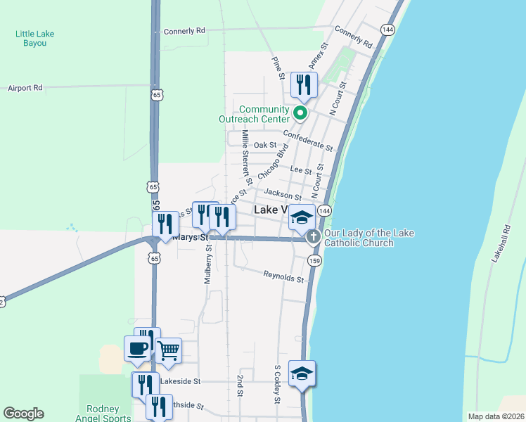 map of restaurants, bars, coffee shops, grocery stores, and more near 501 Main Street in Lake Village