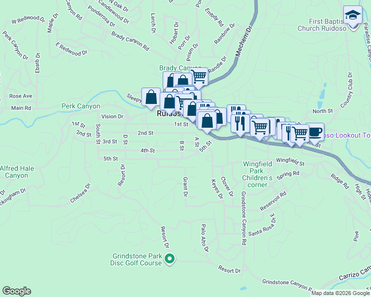 map of restaurants, bars, coffee shops, grocery stores, and more near 106 4th Street in Ruidoso
