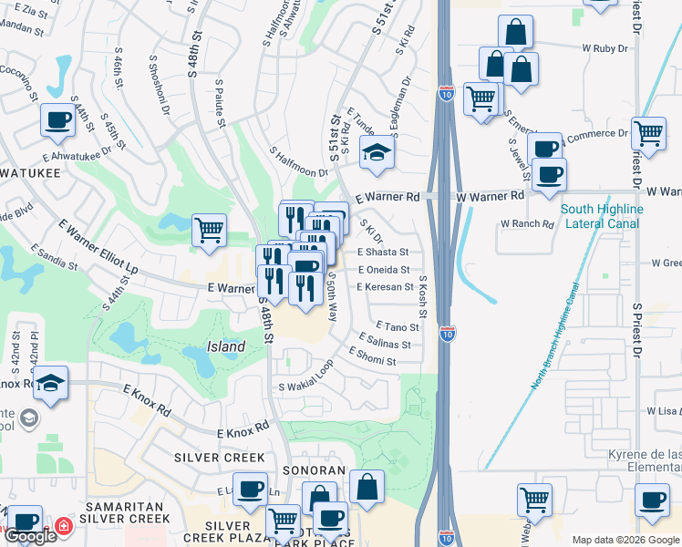 map of restaurants, bars, coffee shops, grocery stores, and more near 5008 East Oneida Street in Phoenix