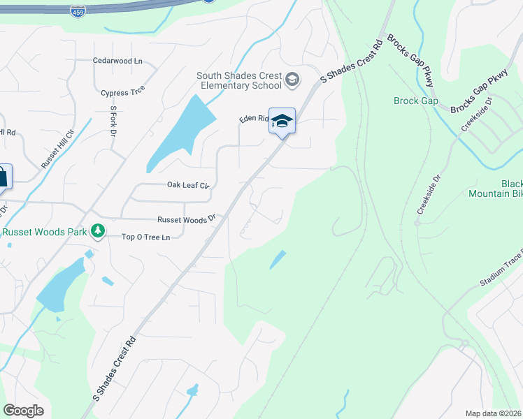 map of restaurants, bars, coffee shops, grocery stores, and more near 6123 Rushing Parc Lane in Birmingham