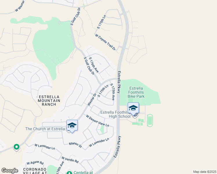 map of restaurants, bars, coffee shops, grocery stores, and more near 12657 South 175th Lane in Goodyear