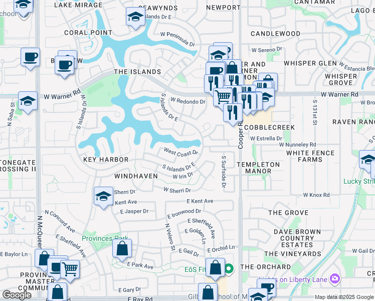 map of restaurants, bars, coffee shops, grocery stores, and more near 948 West Coast Drive in Gilbert