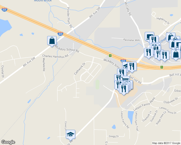 map of restaurants, bars, coffee shops, grocery stores, and more near 6095 Townley Court in McCalla