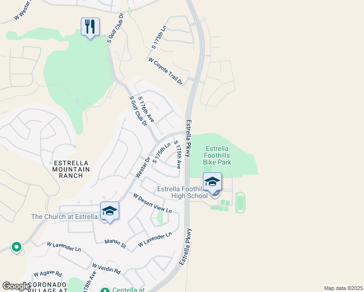 map of restaurants, bars, coffee shops, grocery stores, and more near 12675 South 175th Avenue in Goodyear