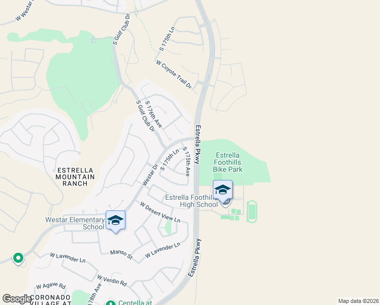 map of restaurants, bars, coffee shops, grocery stores, and more near 12675 South 175th Avenue in Goodyear