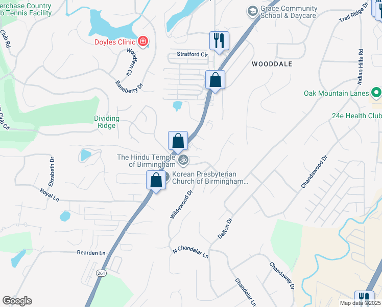 map of restaurants, bars, coffee shops, grocery stores, and more near 107 Windsor Ridge Drive in Pelham