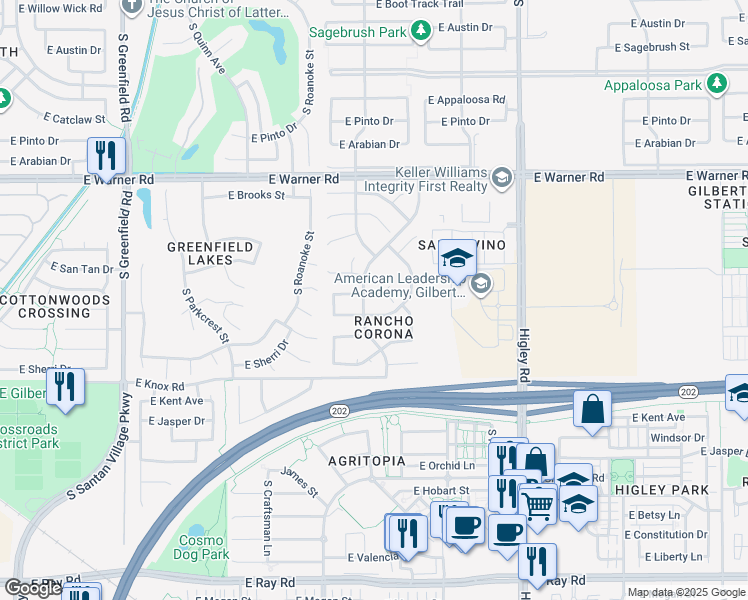 map of restaurants, bars, coffee shops, grocery stores, and more near 2891 East Estrella Court in Gilbert