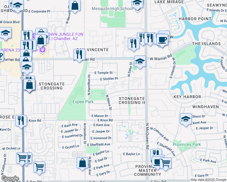 map of restaurants, bars, coffee shops, grocery stores, and more near 188 East Highland Drive in Chandler