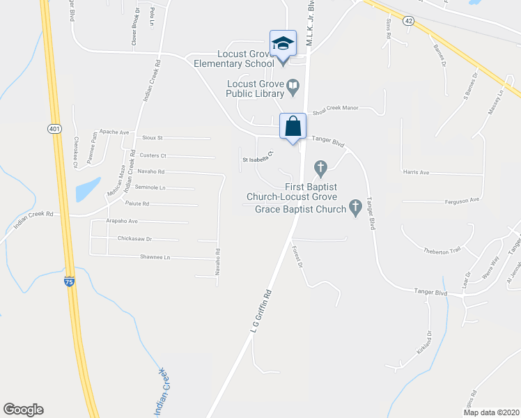 map of restaurants, bars, coffee shops, grocery stores, and more near 1156 Saint Phillips Court in Locust Grove