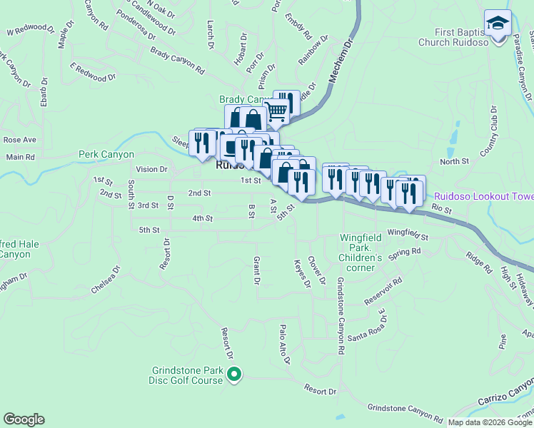 map of restaurants, bars, coffee shops, grocery stores, and more near 106 4th Street in Ruidoso