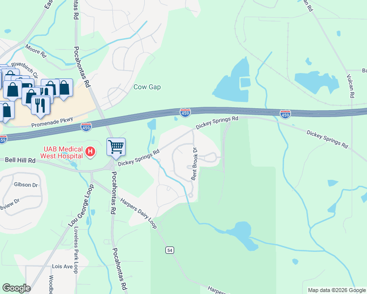 map of restaurants, bars, coffee shops, grocery stores, and more near 6269 Bent Brook Drive in Bessemer