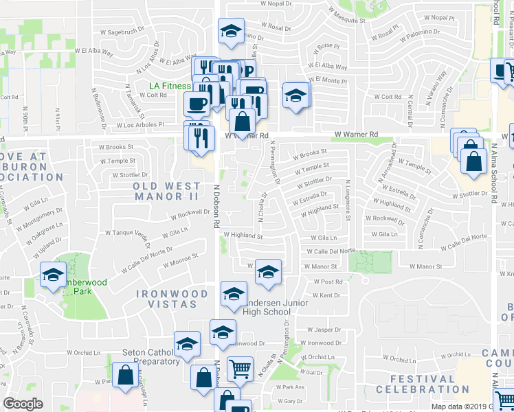 map of restaurants, bars, coffee shops, grocery stores, and more near 1732 North Cholla Street in Chandler