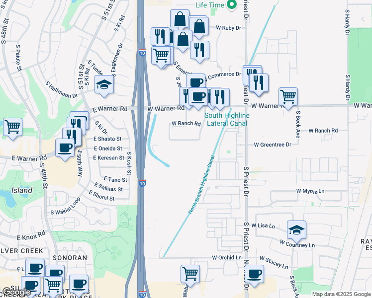 map of restaurants, bars, coffee shops, grocery stores, and more near 1725 West Greentree Drive in Tempe