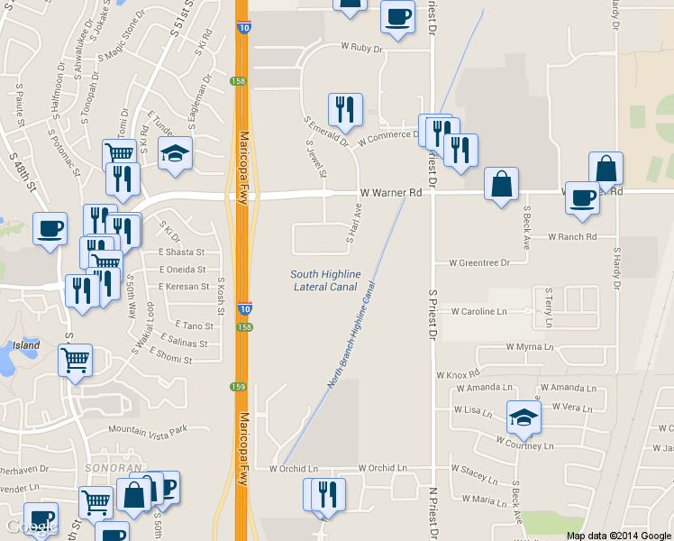 map of restaurants, bars, coffee shops, grocery stores, and more near 1721 West Greentree Drive in Tempe