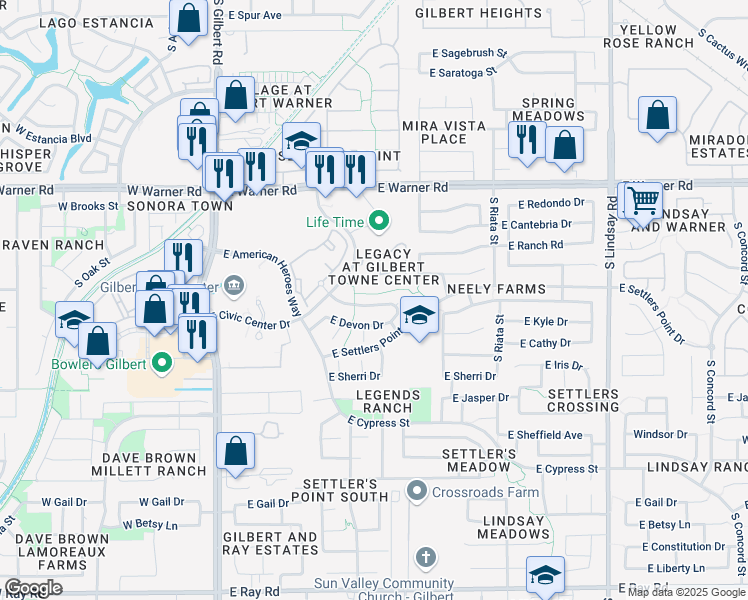 map of restaurants, bars, coffee shops, grocery stores, and more near 334 East Nunneley Road in Gilbert