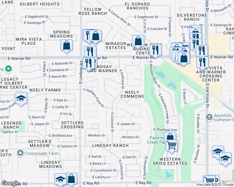 map of restaurants, bars, coffee shops, grocery stores, and more near 1055 East Stottler Court in Gilbert