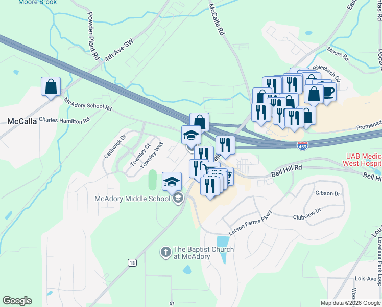map of restaurants, bars, coffee shops, grocery stores, and more near 4800 McAdory School Road in McCalla