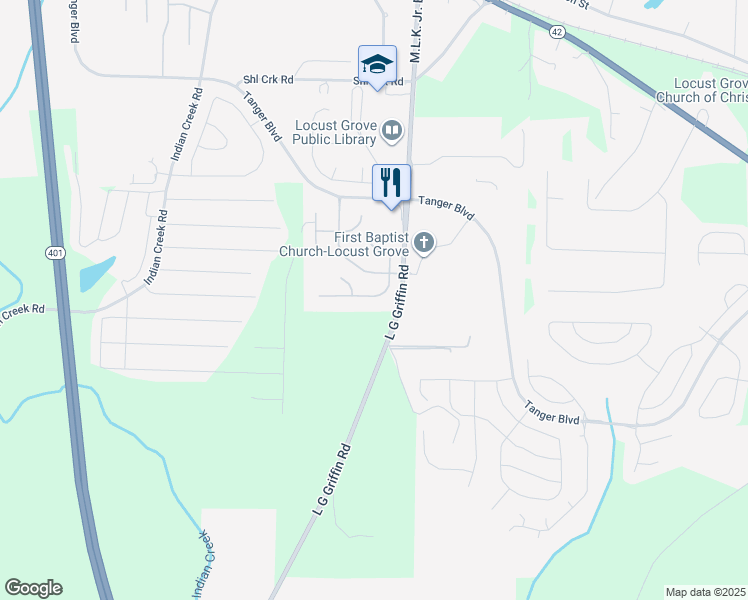 map of restaurants, bars, coffee shops, grocery stores, and more near 1142 Saint Phillips Court in Locust Grove