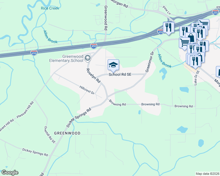 map of restaurants, bars, coffee shops, grocery stores, and more near 5053 Roselyn Road in Bessemer