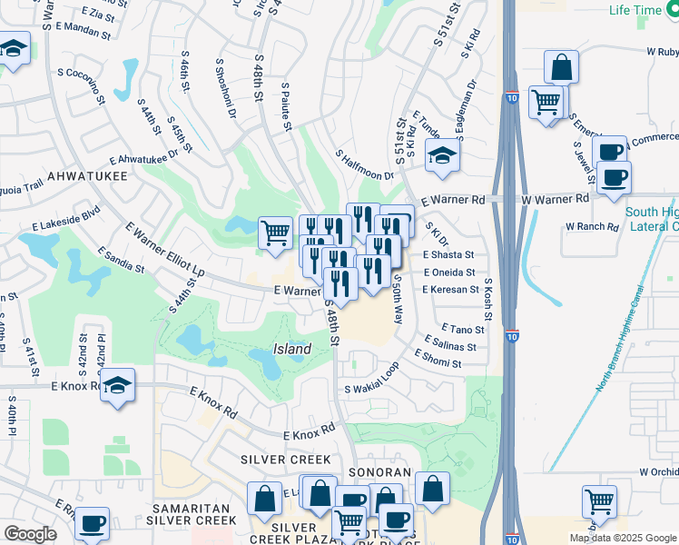 map of restaurants, bars, coffee shops, grocery stores, and more near 4810 East Warner Road in Phoenix