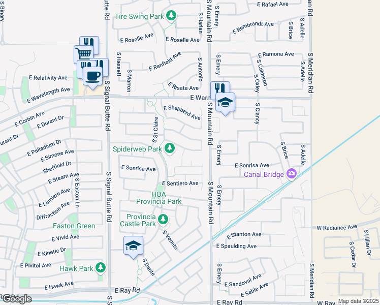map of restaurants, bars, coffee shops, grocery stores, and more near 11141 East Segura Avenue in Mesa