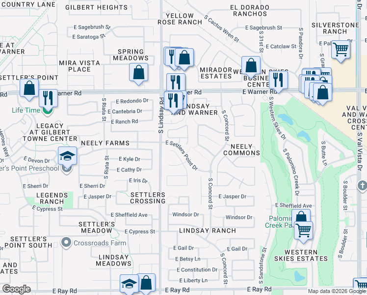 map of restaurants, bars, coffee shops, grocery stores, and more near 1012 South Colonial Court in Gilbert