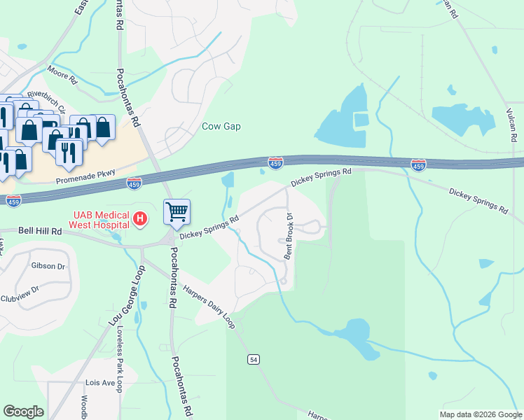 map of restaurants, bars, coffee shops, grocery stores, and more near 6269 Bent Brook Drive in Bessemer