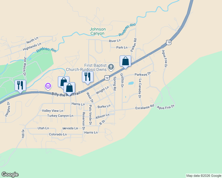 map of restaurants, bars, coffee shops, grocery stores, and more near 204 East Drive in Ruidoso Downs