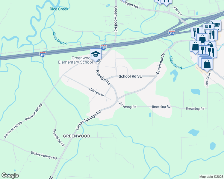 map of restaurants, bars, coffee shops, grocery stores, and more near 1098 Hillcrest Drive in Bessemer